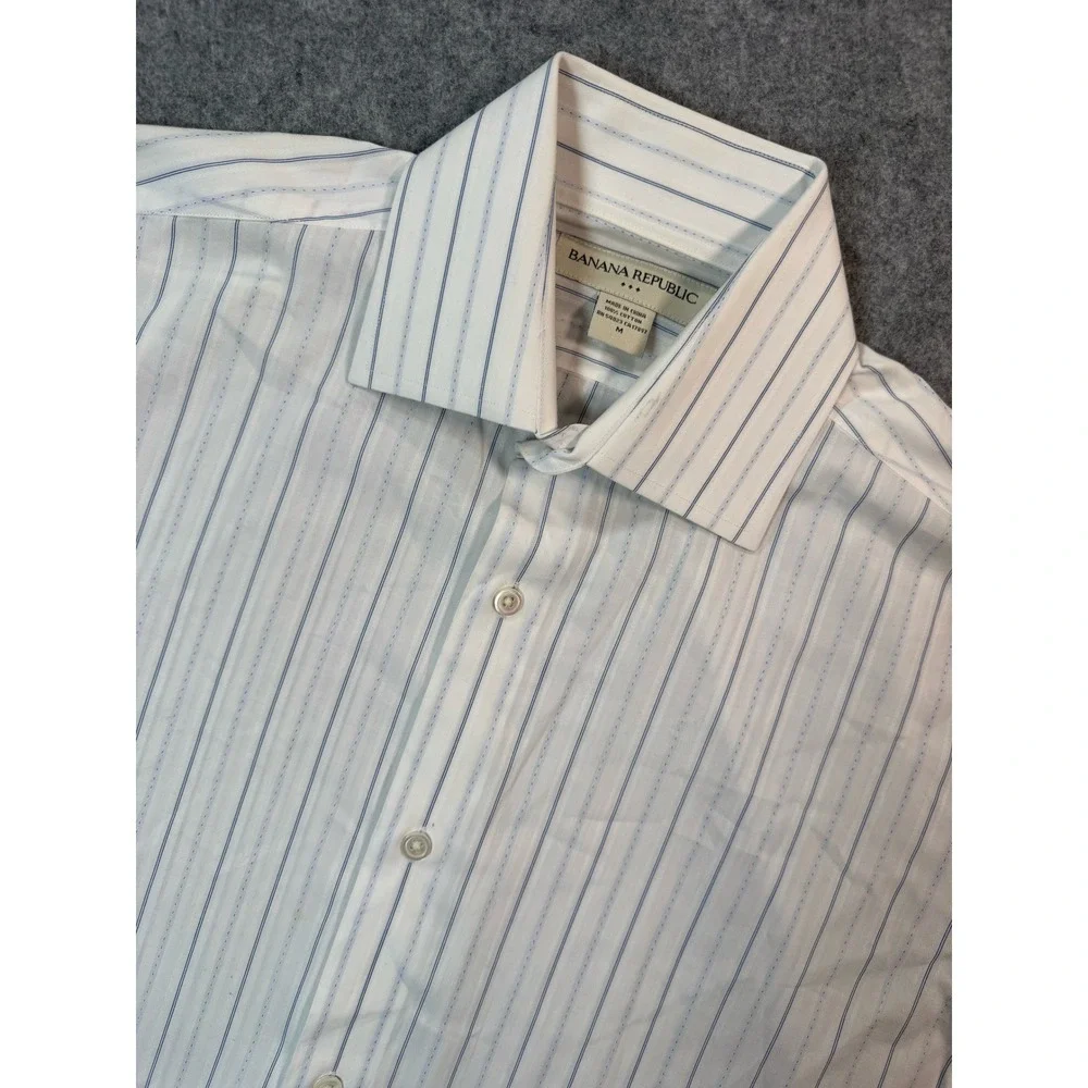 Banana‎ Republic Mens Medium White Blue Striped Cotton Long Sleeve Button Down